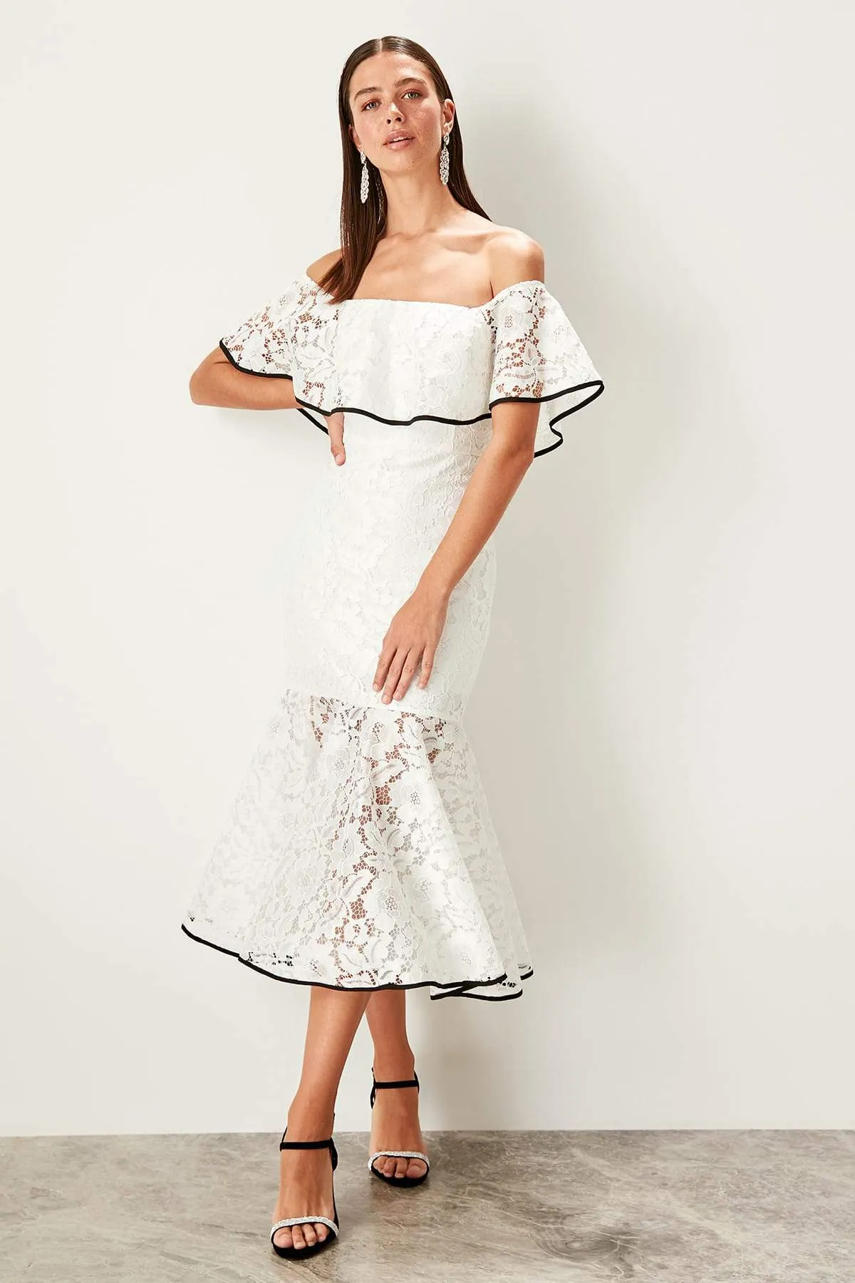 10909 Ecru Off-Shoulder Lace Mermaid Dress