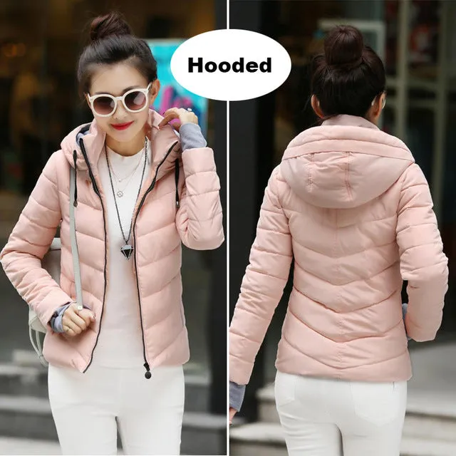 2017 hooded women winter jacket short cotton padded womens coat autumn casaco feminino inverno solid color parka stand collar
