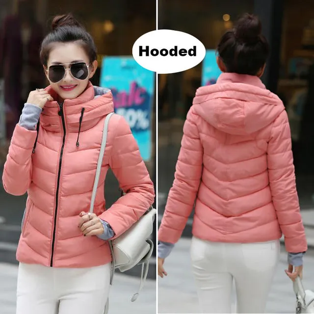 2017 hooded women winter jacket short cotton padded womens coat autumn casaco feminino inverno solid color parka stand collar