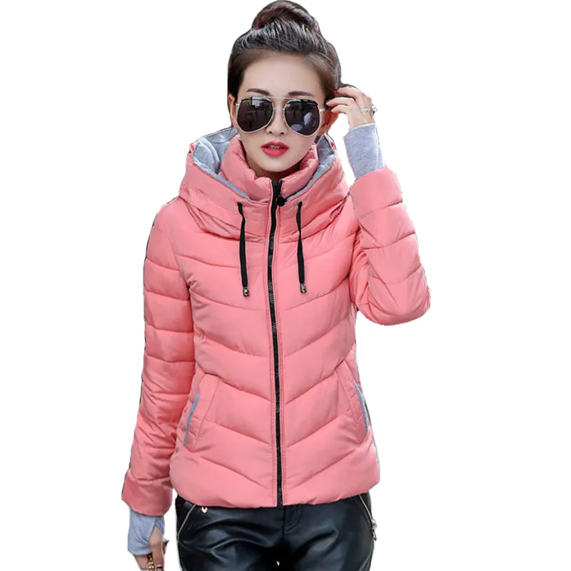 2017 hooded women winter jacket short cotton padded womens coat autumn casaco feminino inverno solid color parka stand collar