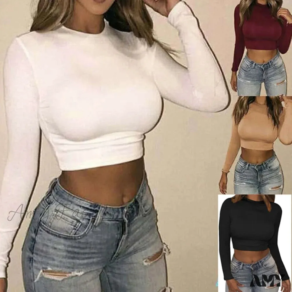 Amy Fashion - Long Sleeve O-neck Crop Modis Sheath T Shirt