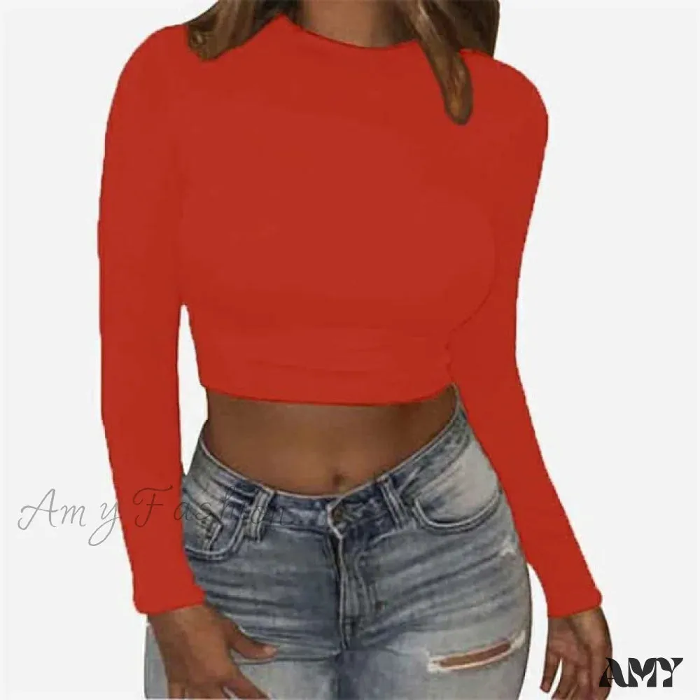Amy Fashion - Long Sleeve O-neck Crop Modis Sheath T Shirt