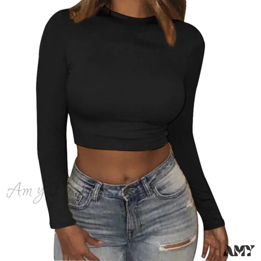 Amy Fashion - Long Sleeve O-neck Crop Modis Sheath T Shirt