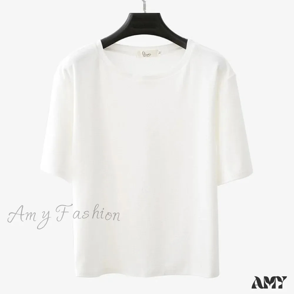 Amy Fashion - Solid Casual Loose Korean O Neck Tops