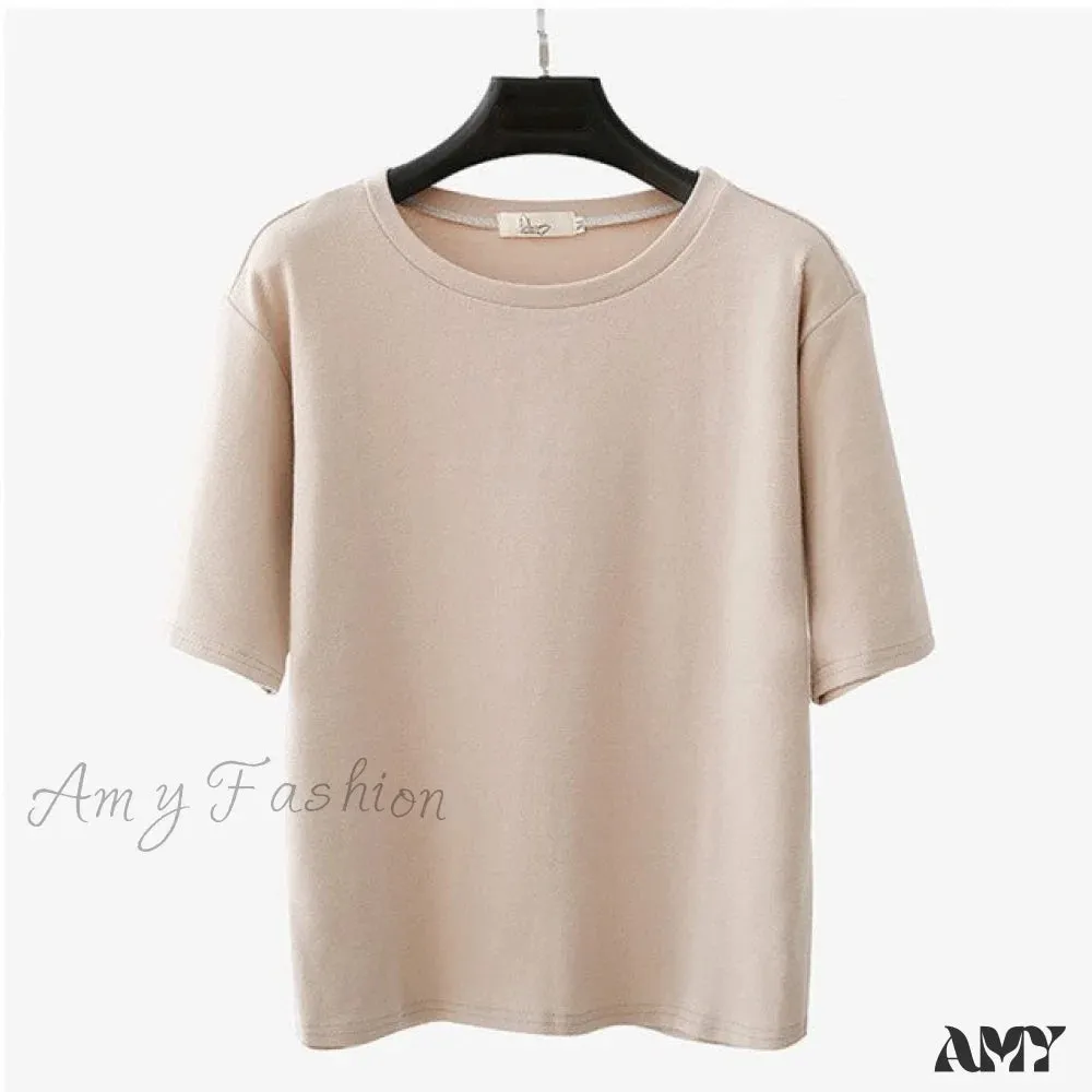 Amy Fashion - Solid Casual Loose Korean O Neck Tops