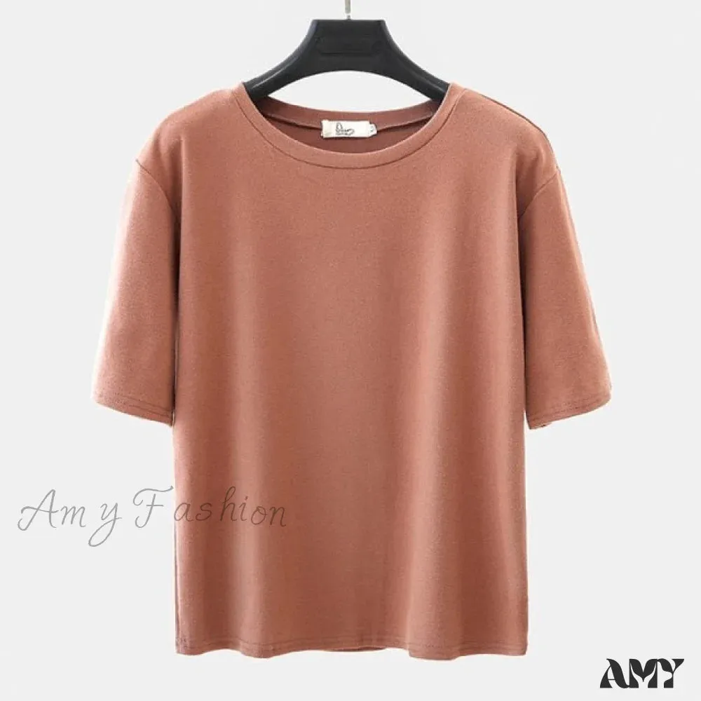 Amy Fashion - Solid Casual Loose Korean O Neck Tops
