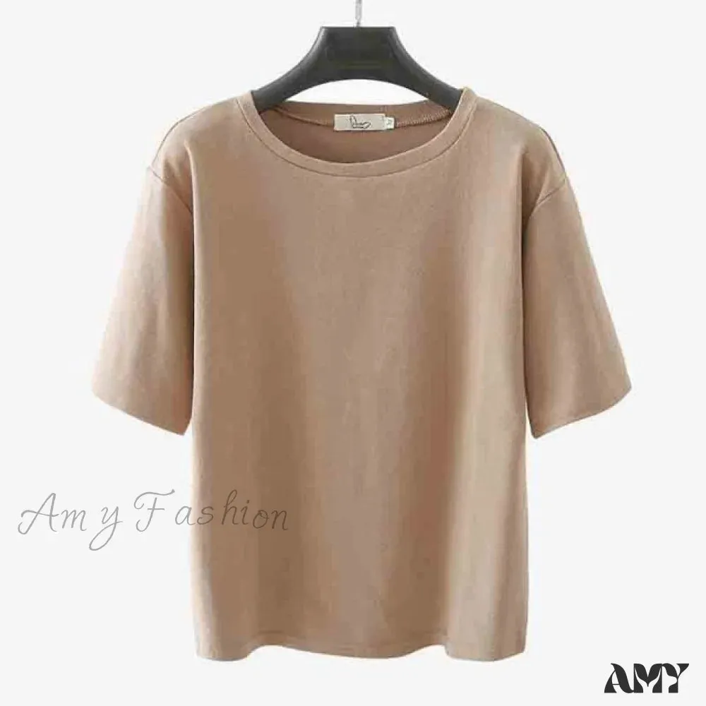 Amy Fashion - Solid Casual Loose Korean O Neck Tops