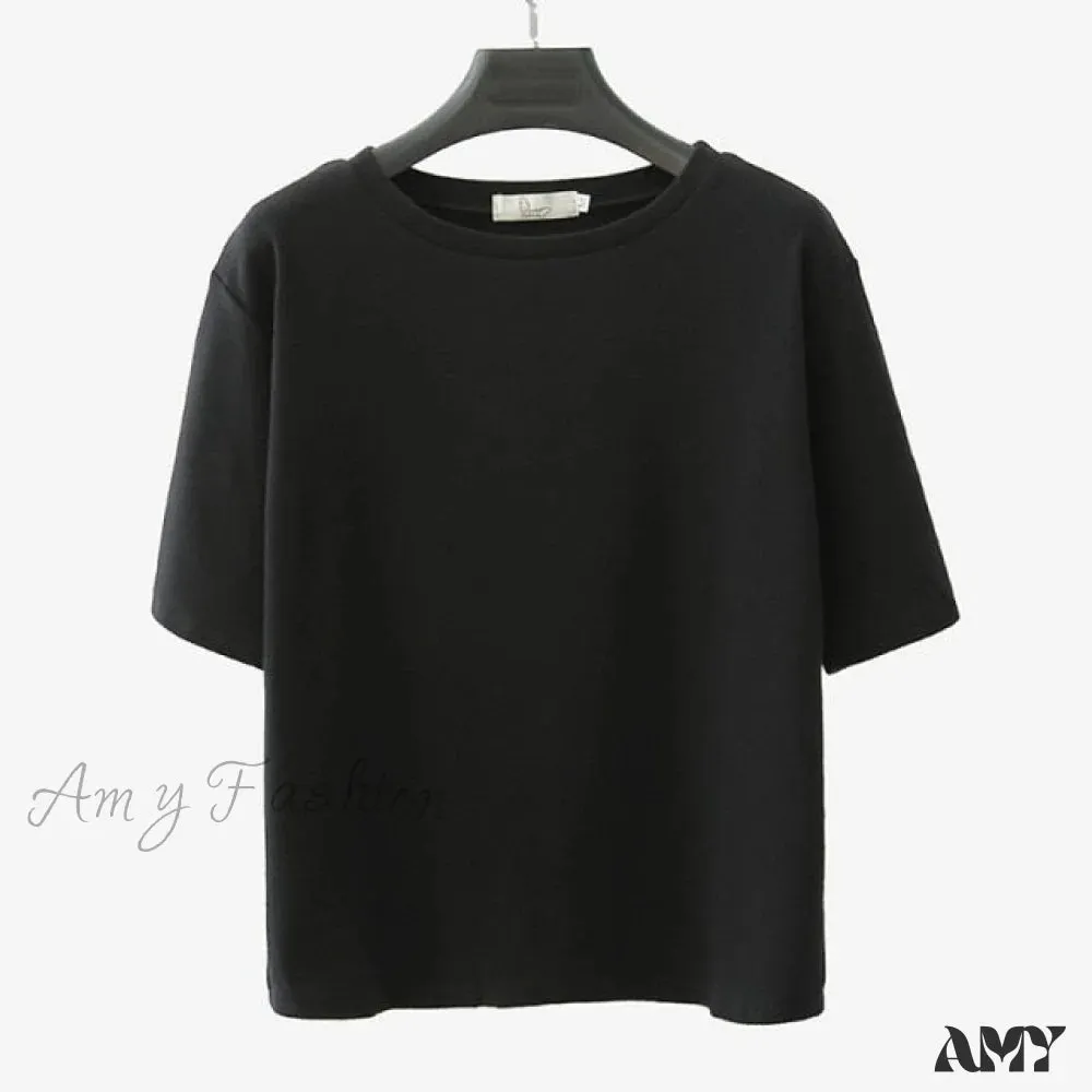 Amy Fashion - Solid Casual Loose Korean O Neck Tops