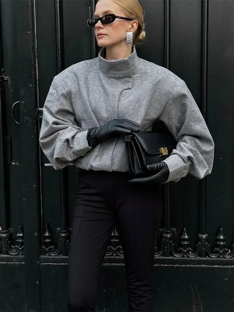 Back To School Joskaa High Neck Solid Color Fashion High Street Jacket For Women Autumn Winter Long Sleeved Short Coats 2024 New Lady Casual Outerwear