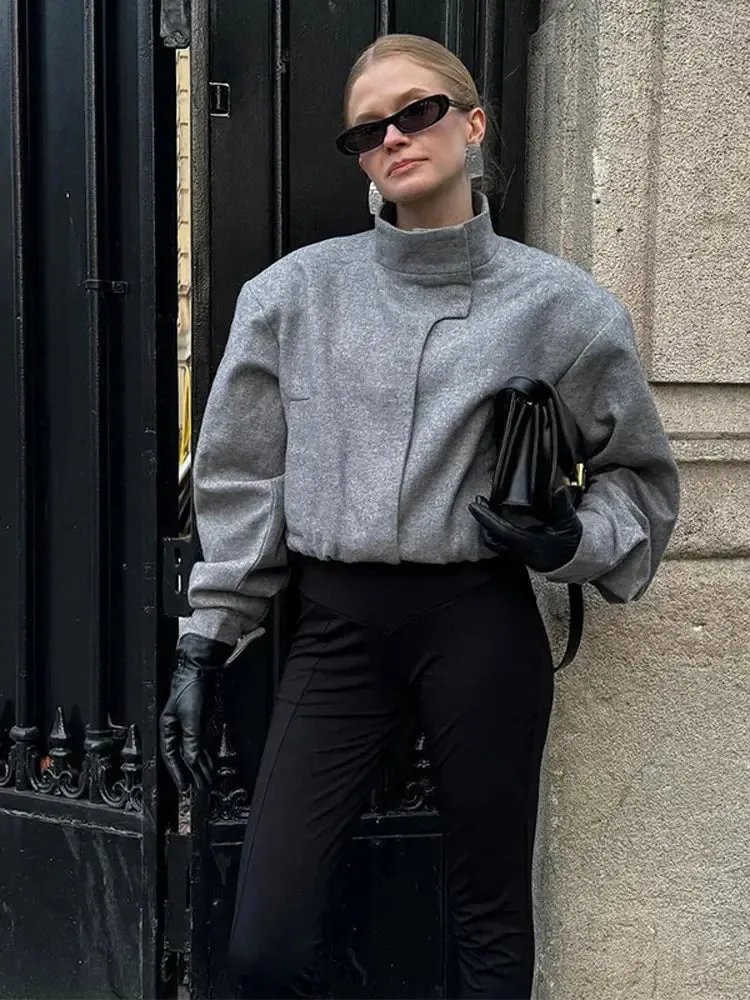 Back To School Joskaa High Neck Solid Color Fashion High Street Jacket For Women Autumn Winter Long Sleeved Short Coats 2024 New Lady Casual Outerwear