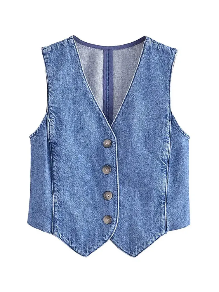 Back To School Joskaa Women Fashion Front Button Denim Waistcoat Vintage V Neck Sleeveless Female Outerwear Chic Vest Tops