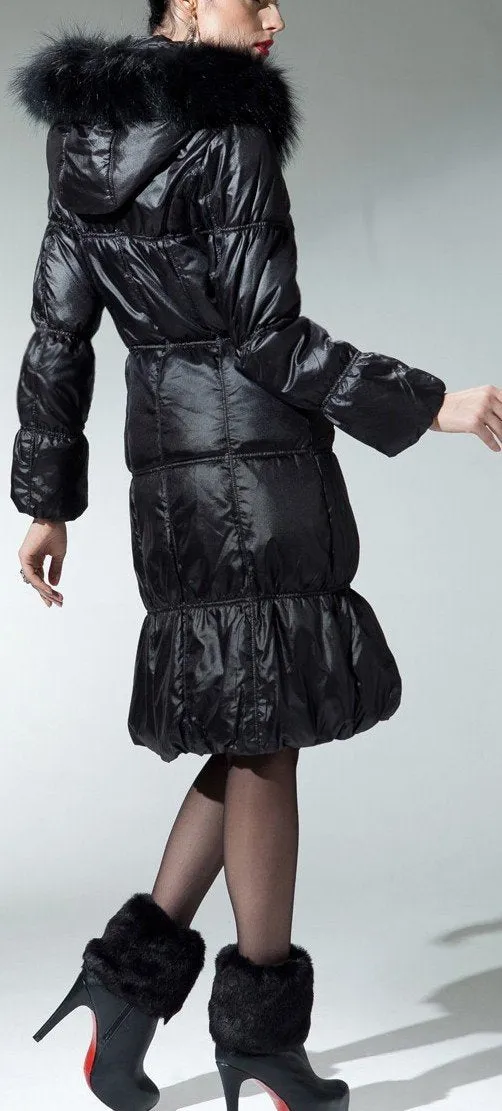 Black Fur Hooded Buttoned Puffer Coat