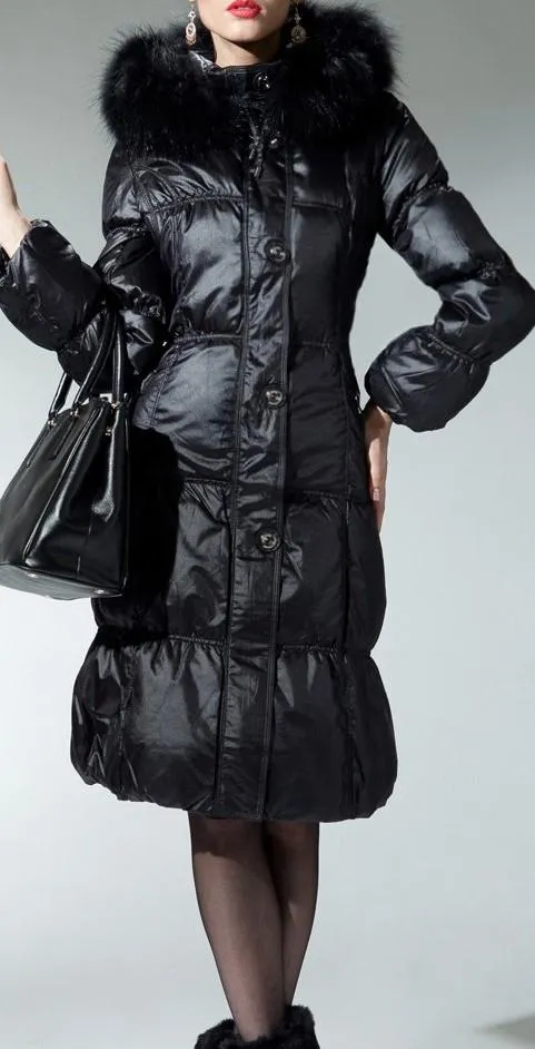Black Fur Hooded Buttoned Puffer Coat