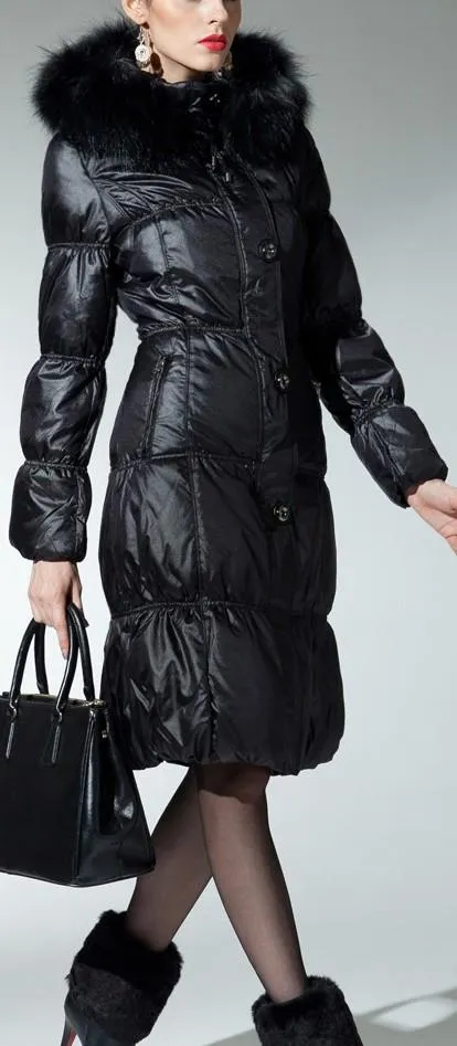 Black Fur Hooded Buttoned Puffer Coat