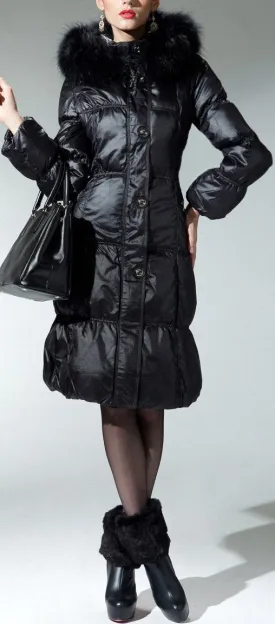 Black Fur Hooded Buttoned Puffer Coat