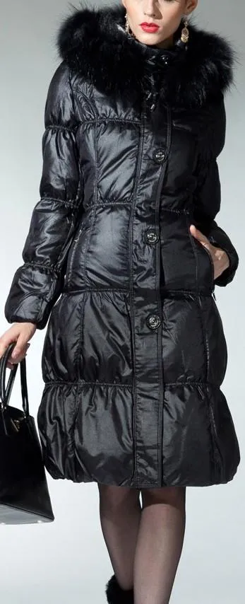 Black Fur Hooded Buttoned Puffer Coat