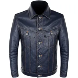 Blue Cowboy Genuine Leather Jacket Men's Natural Cowhide Slim