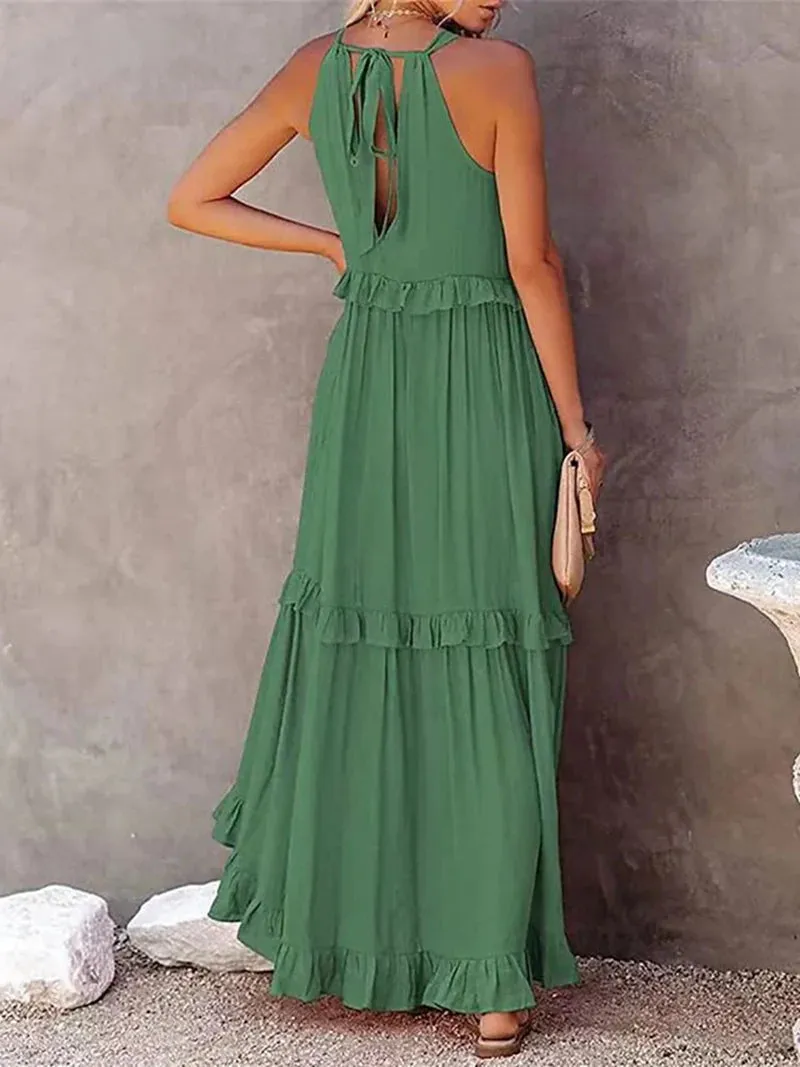 Bonnyshow Summer Loose Long Dress Women Casual Elegant Ruffle Halter Sleeveless Female Party Outfits Beach Maxi Dresses Green Tie-Up Robe