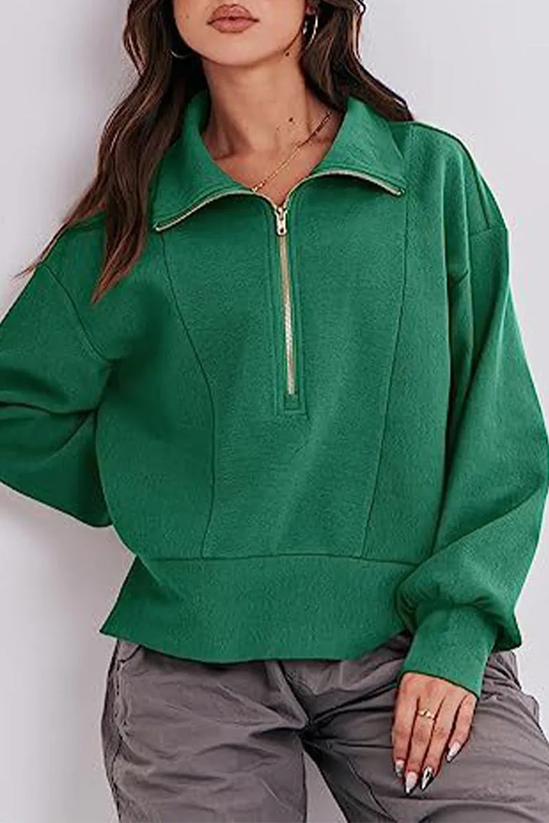 Casual Solid Zipper Zipper Collar Tops