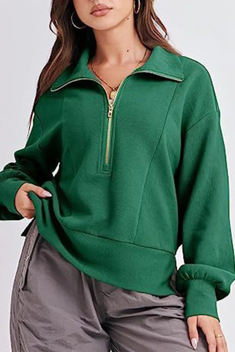 Casual Solid Zipper Zipper Collar Tops