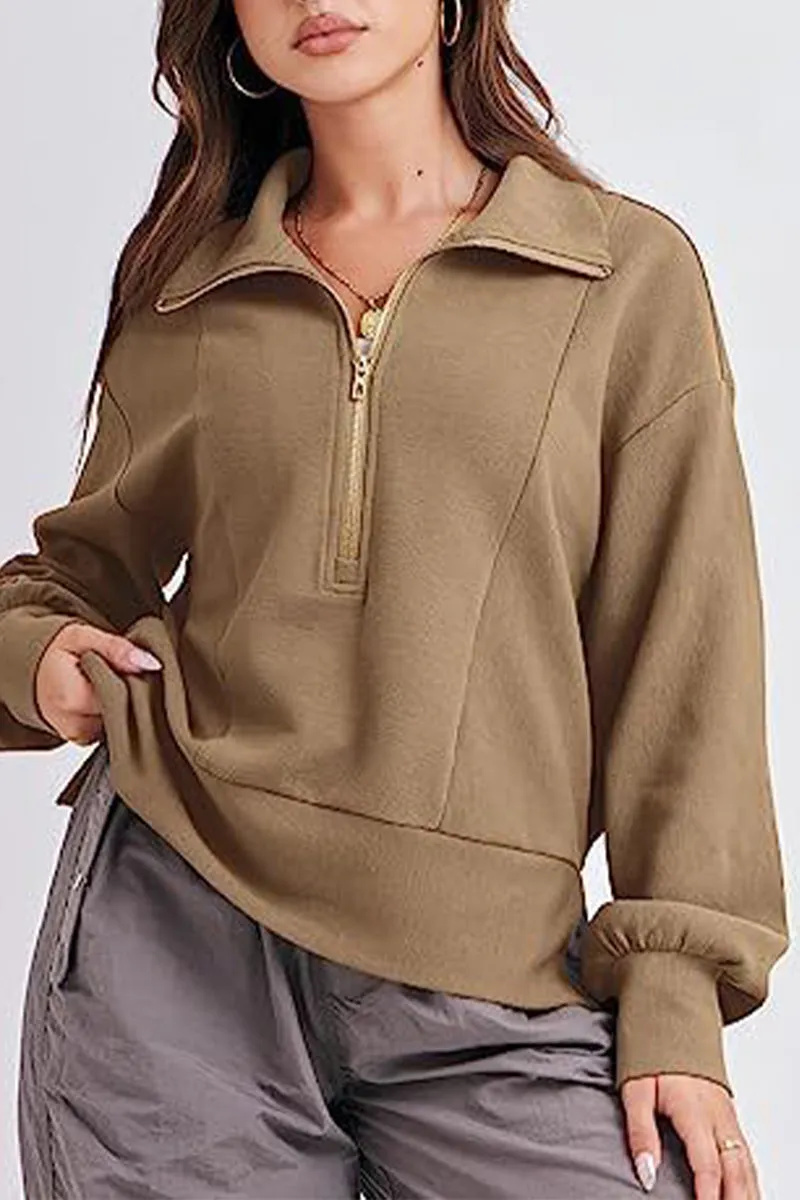 Casual Solid Zipper Zipper Collar Tops