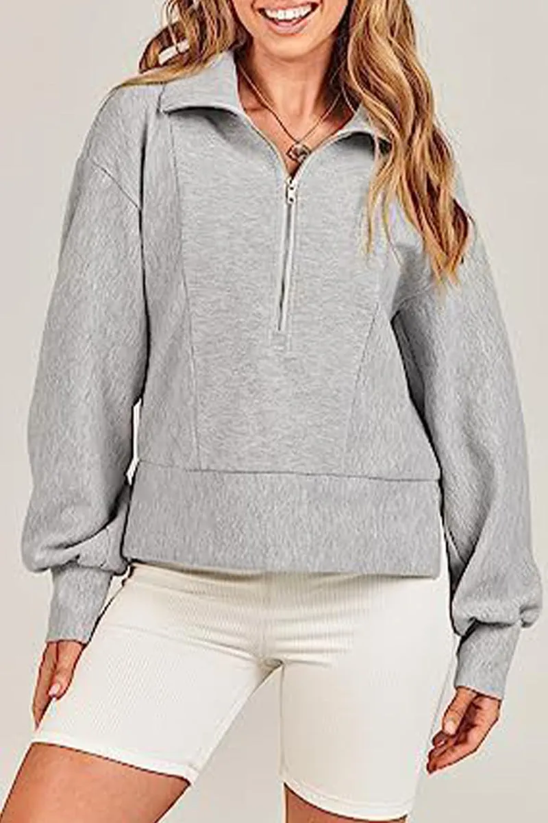 Casual Solid Zipper Zipper Collar Tops