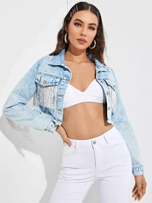 Cowboy Ripped Denim Jacket with Tassels