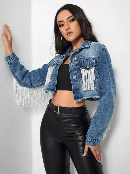 Cowboy Ripped Denim Jacket with Tassels