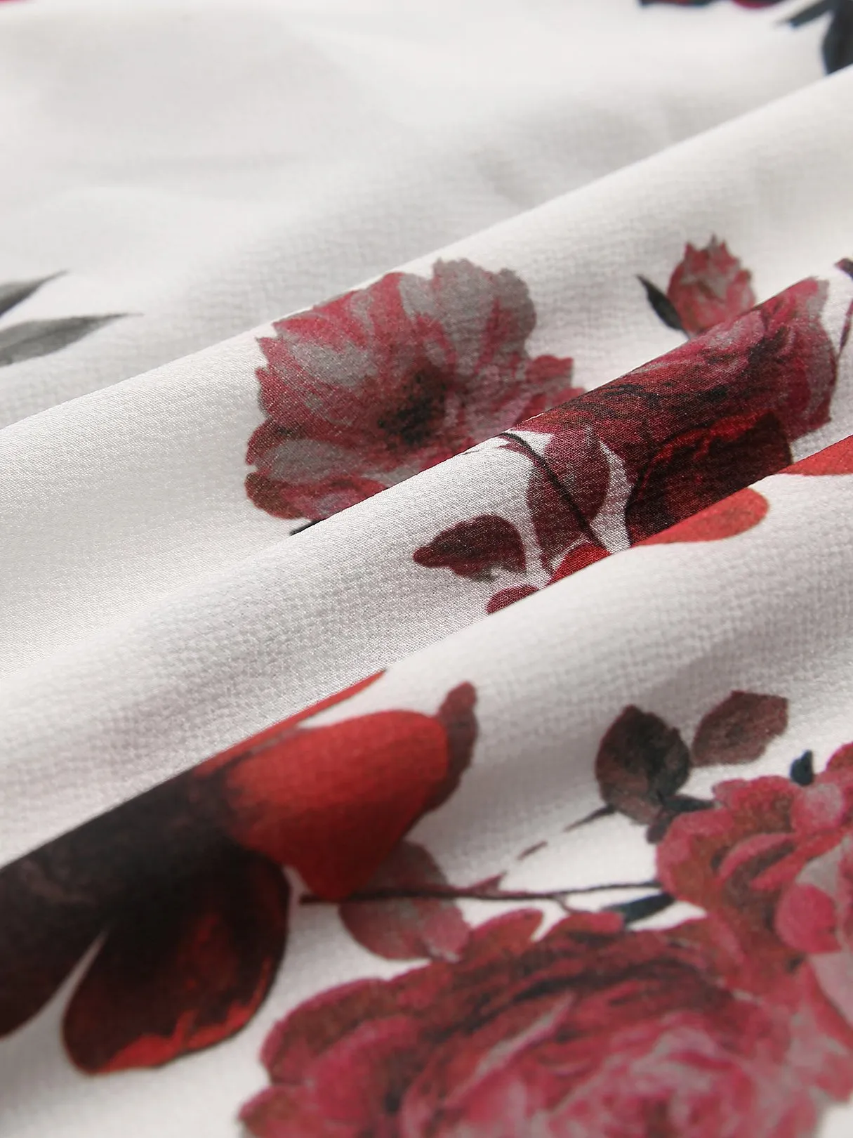 Custom Crossed Collar Floral Print Self-Tie Long Sleeve White Blouses