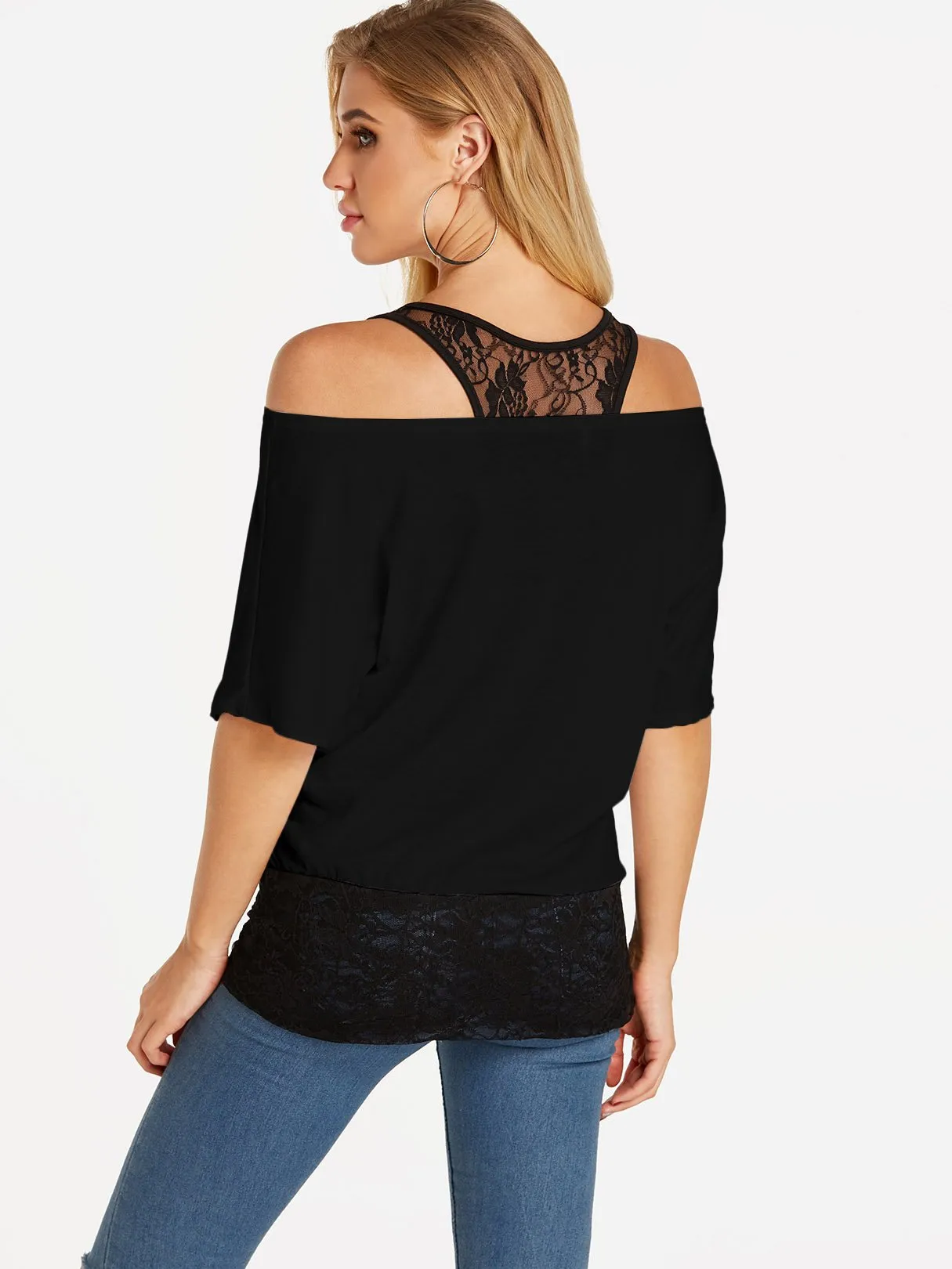 Custom One Shoulder Plain Lace Half Sleeve Blouses