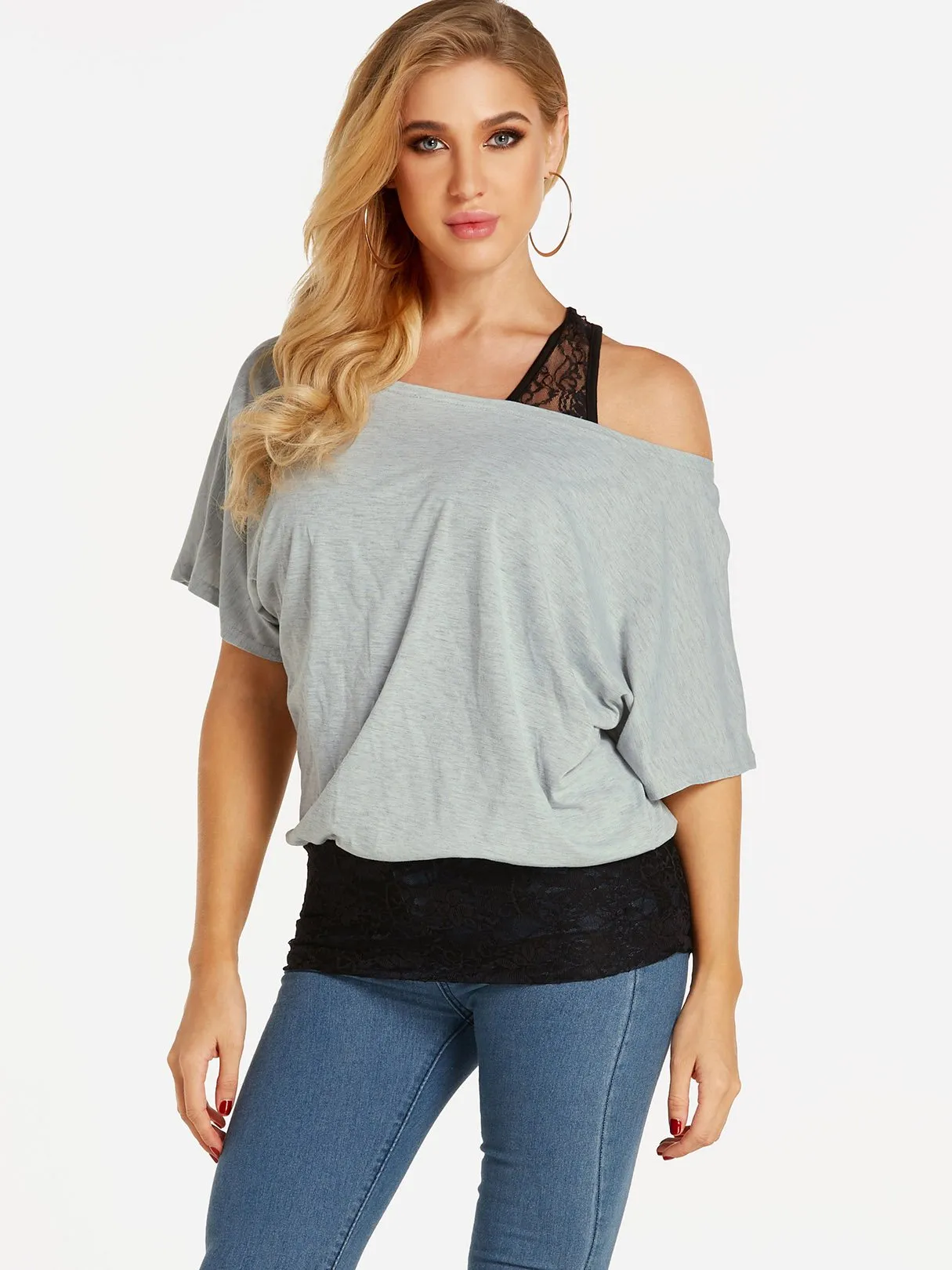 Custom One Shoulder Plain Lace Half Sleeve Blouses