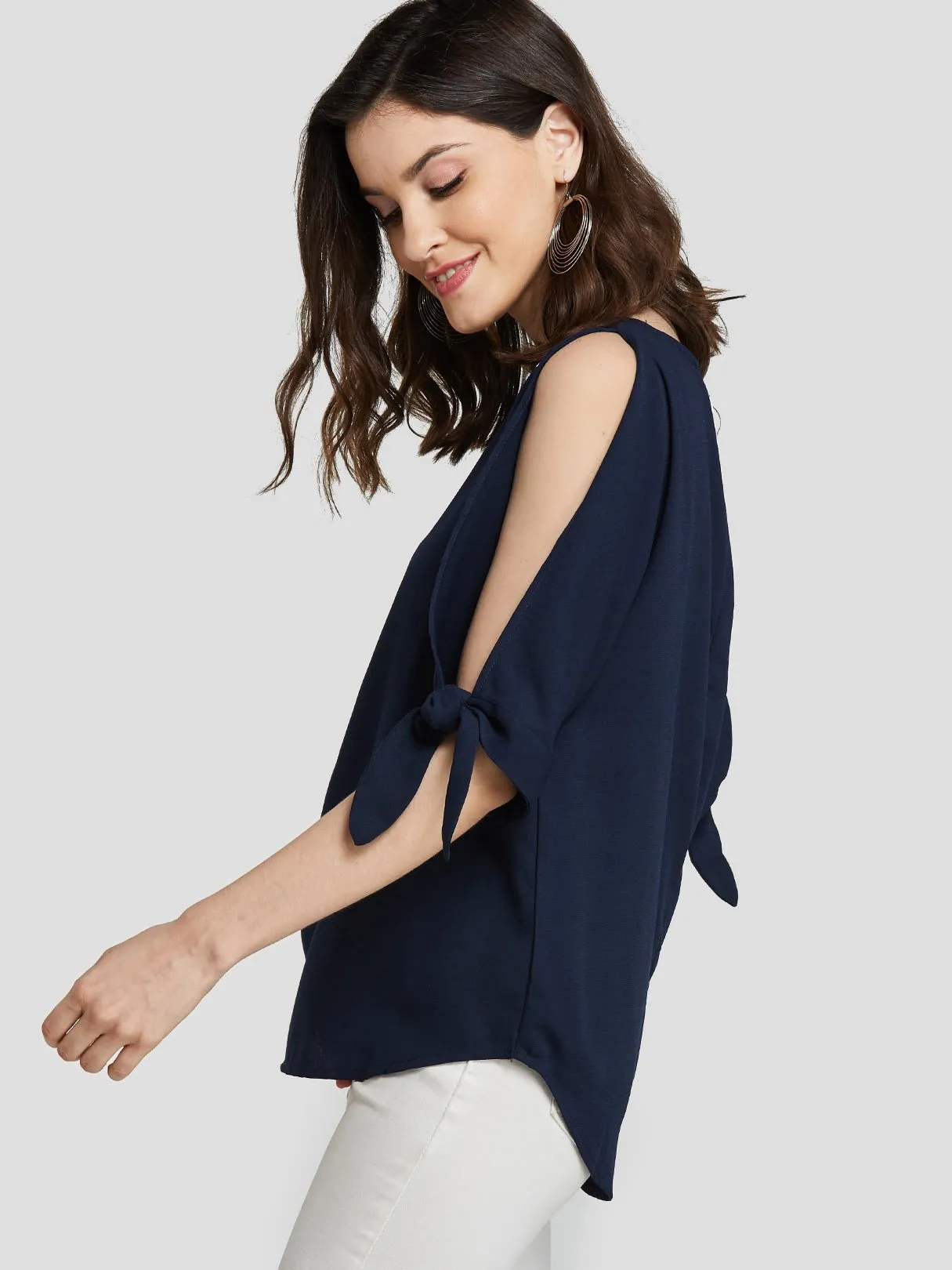 Custom Round Neck Cut Out Self-Tie Half Sleeve Navy Blouses