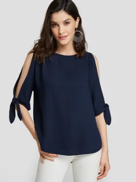 Custom Round Neck Cut Out Self-Tie Half Sleeve Navy Blouses