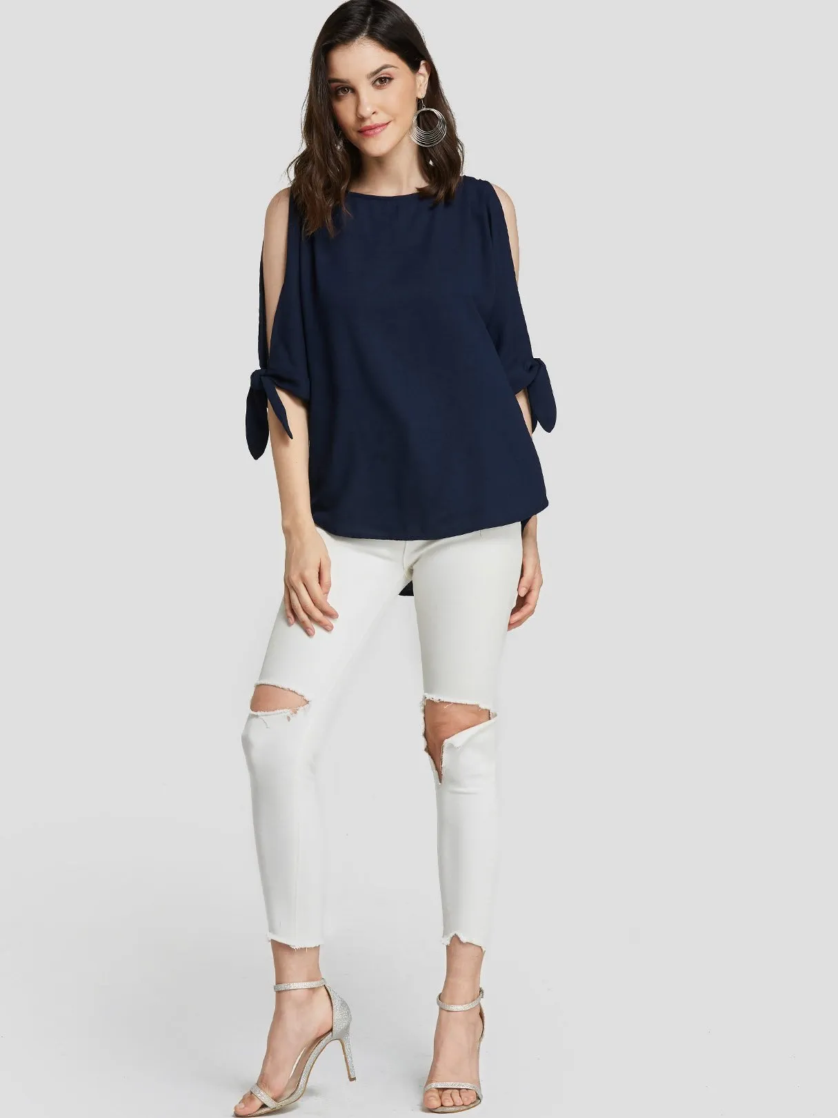 Custom Round Neck Cut Out Self-Tie Half Sleeve Navy Blouses