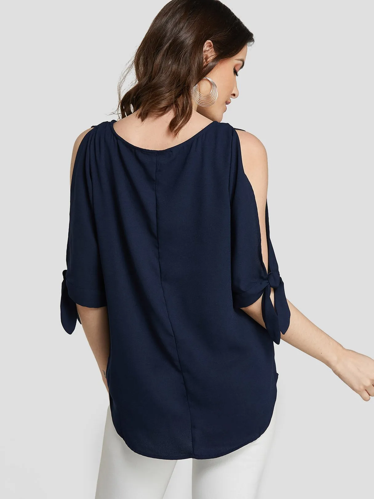Custom Round Neck Cut Out Self-Tie Half Sleeve Navy Blouses