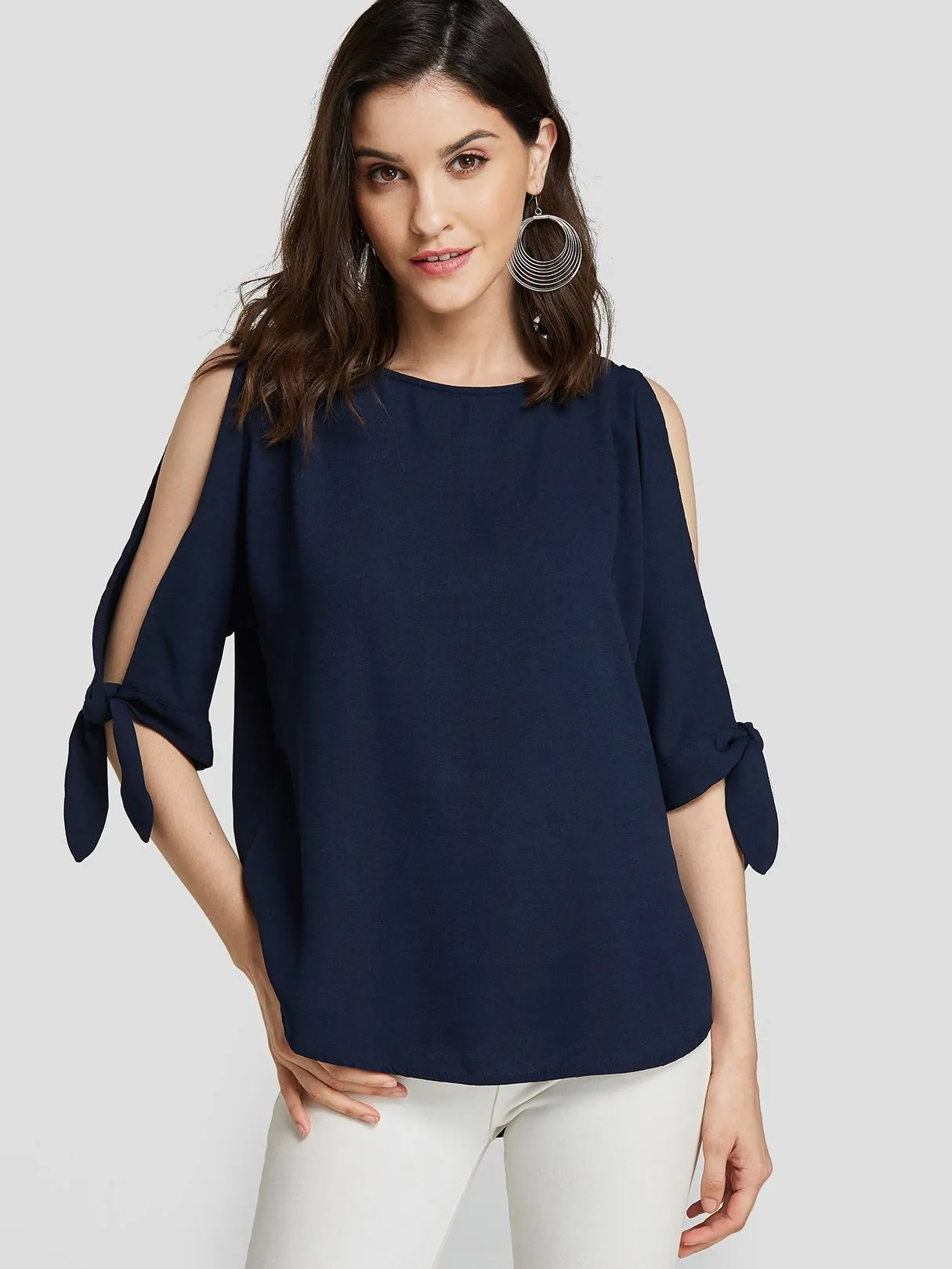 Custom Round Neck Cut Out Self-Tie Half Sleeve Navy Blouses