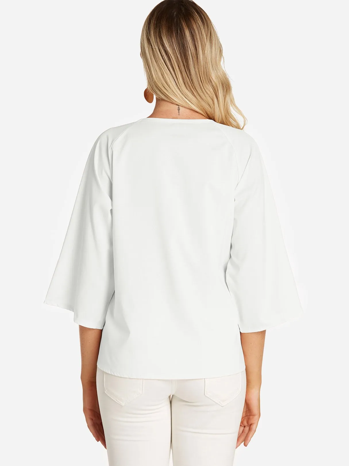 Custom Round Neck Plain Lace-Up 3/4 Sleeve Blouses