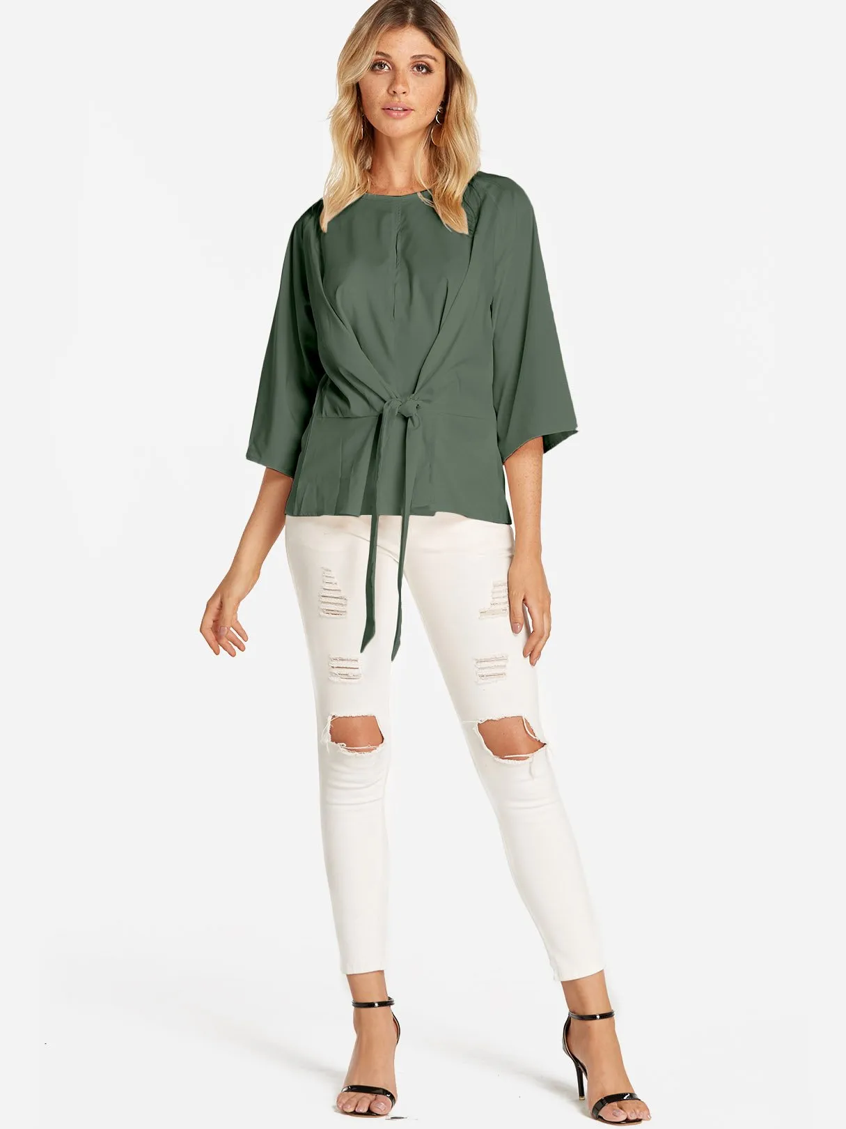 Custom Round Neck Plain Lace-Up 3/4 Sleeve Blouses