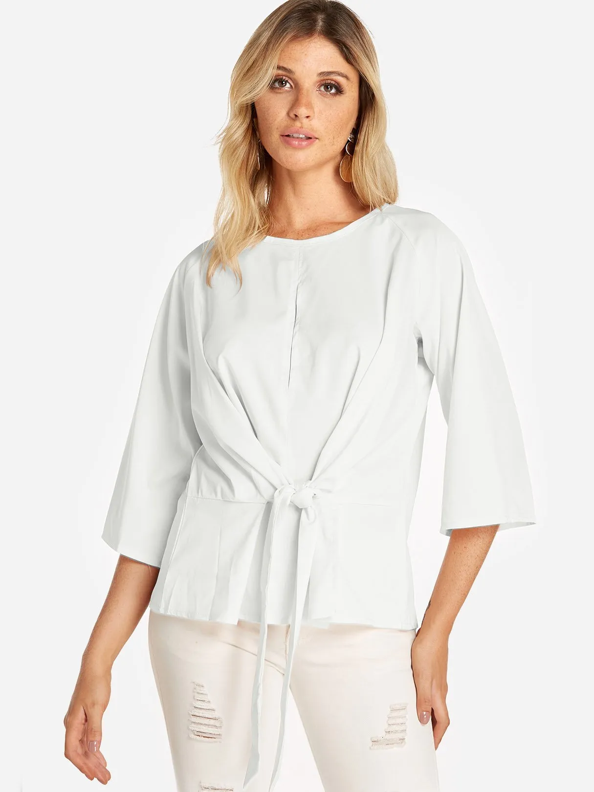 Custom Round Neck Plain Lace-Up 3/4 Sleeve Blouses