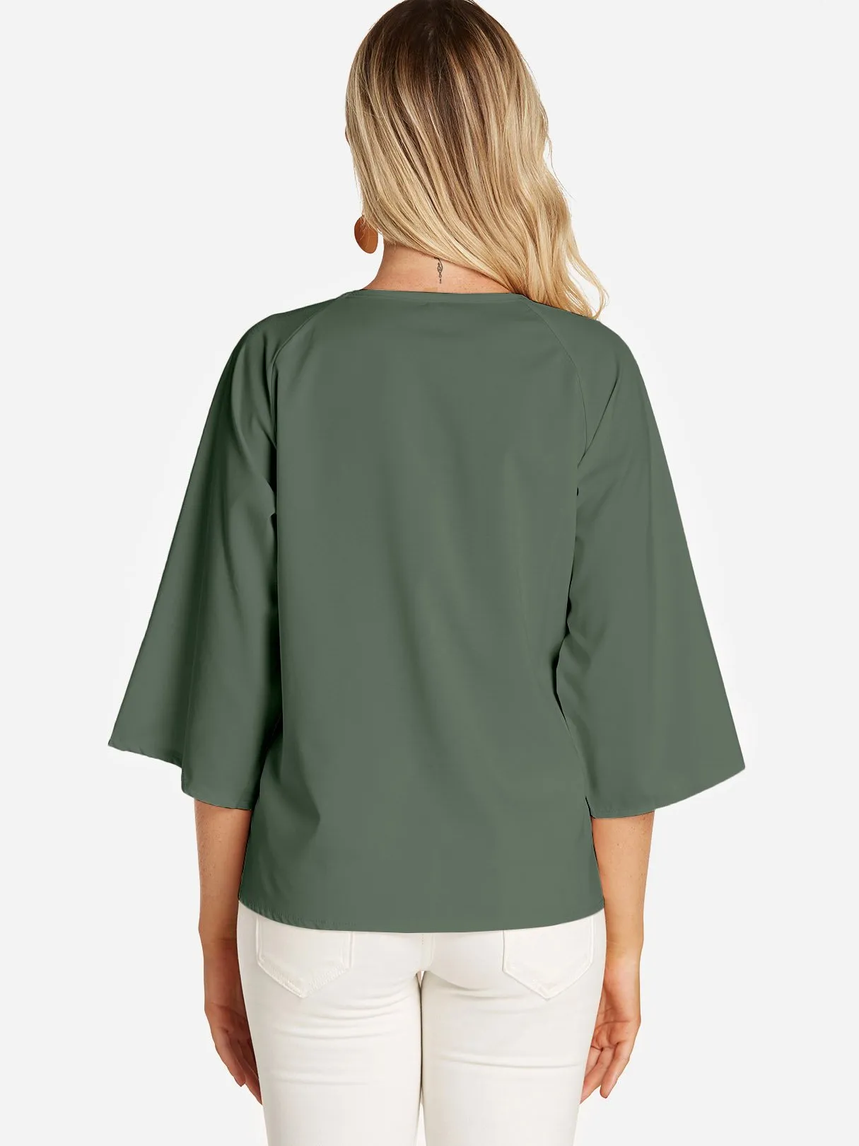 Custom Round Neck Plain Lace-Up 3/4 Sleeve Blouses