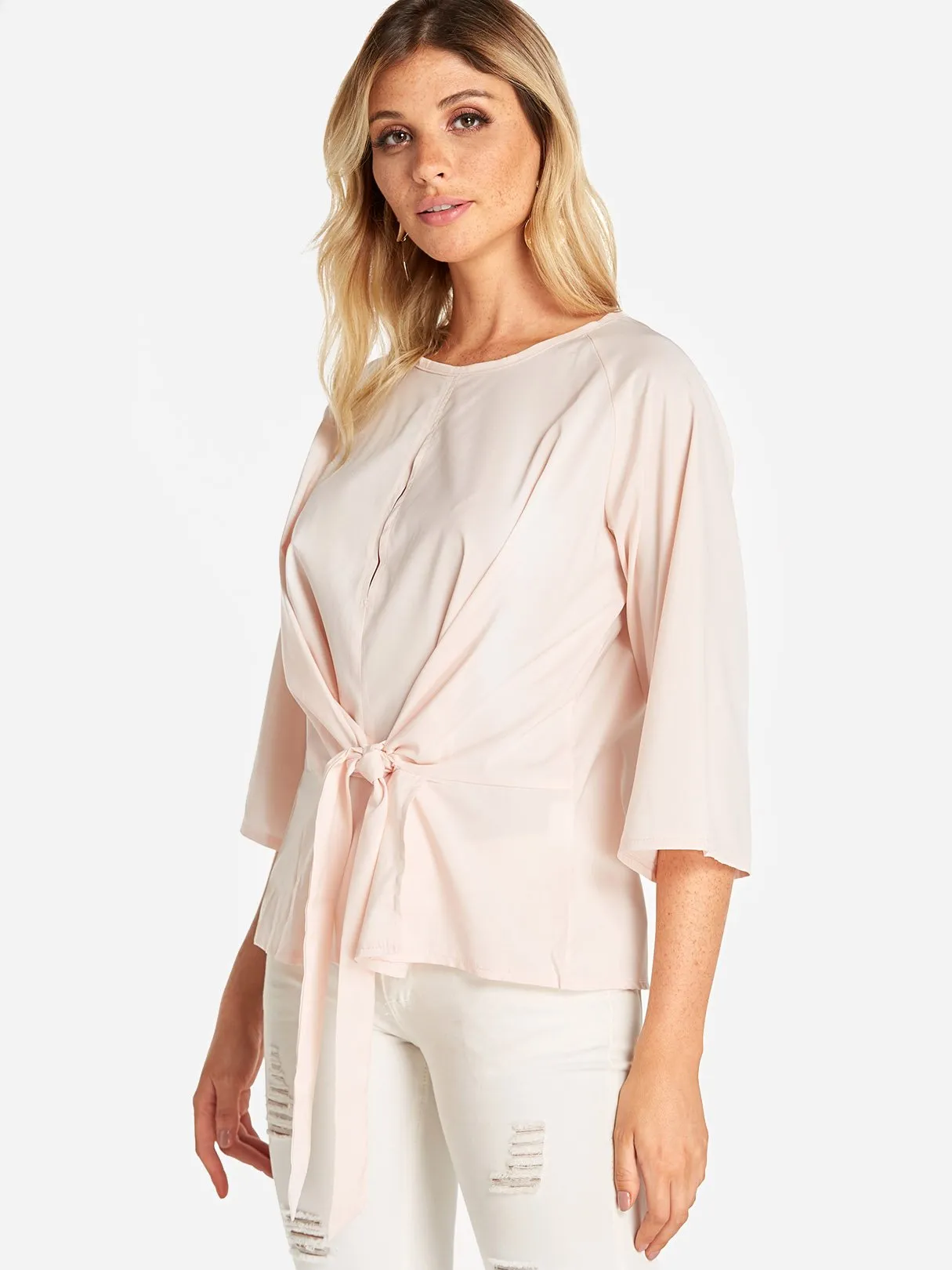 Custom Round Neck Plain Lace-Up 3/4 Sleeve Blouses