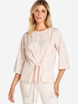 Custom Round Neck Plain Lace-Up 3/4 Sleeve Blouses
