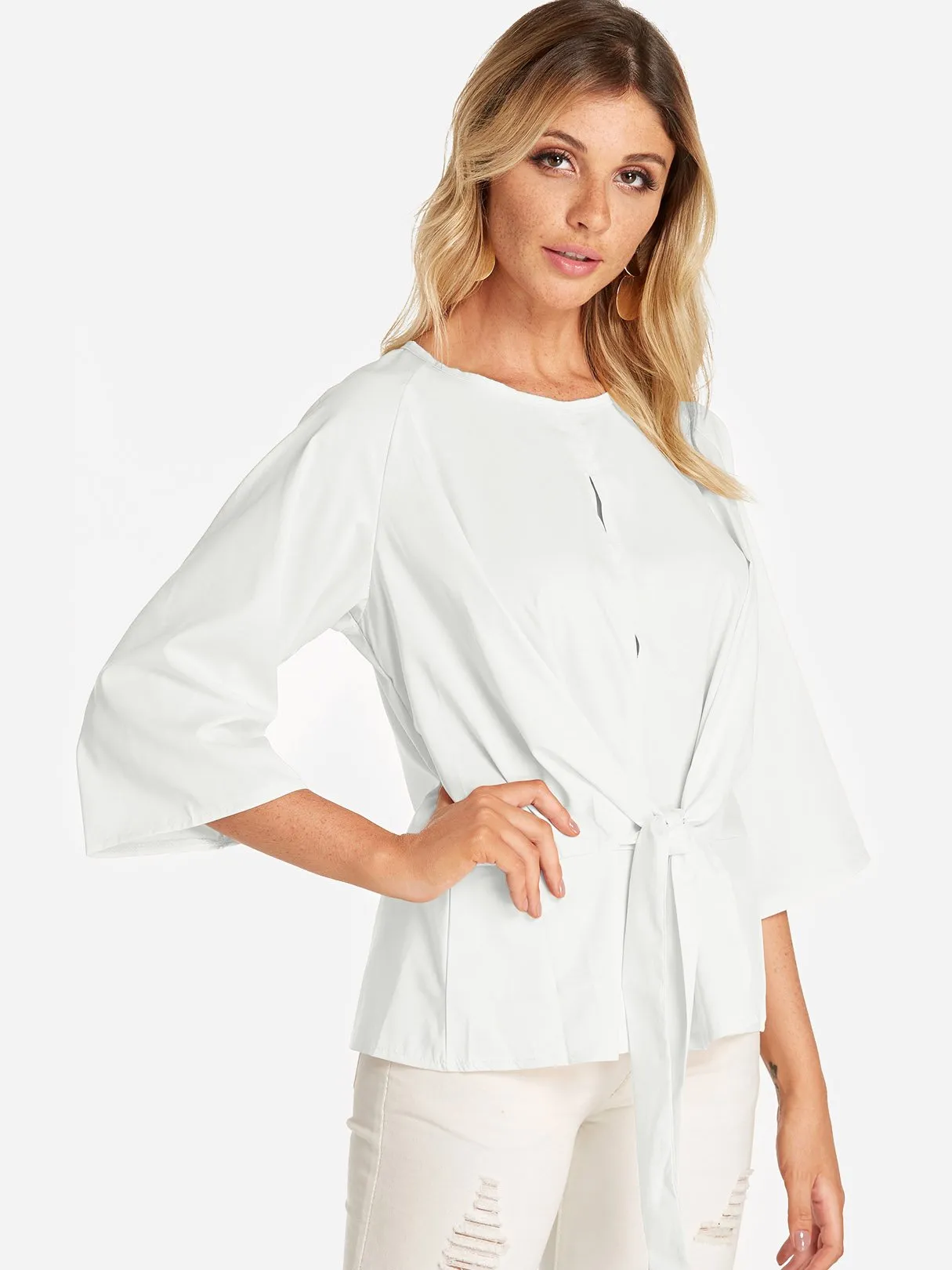Custom Round Neck Plain Lace-Up 3/4 Sleeve Blouses