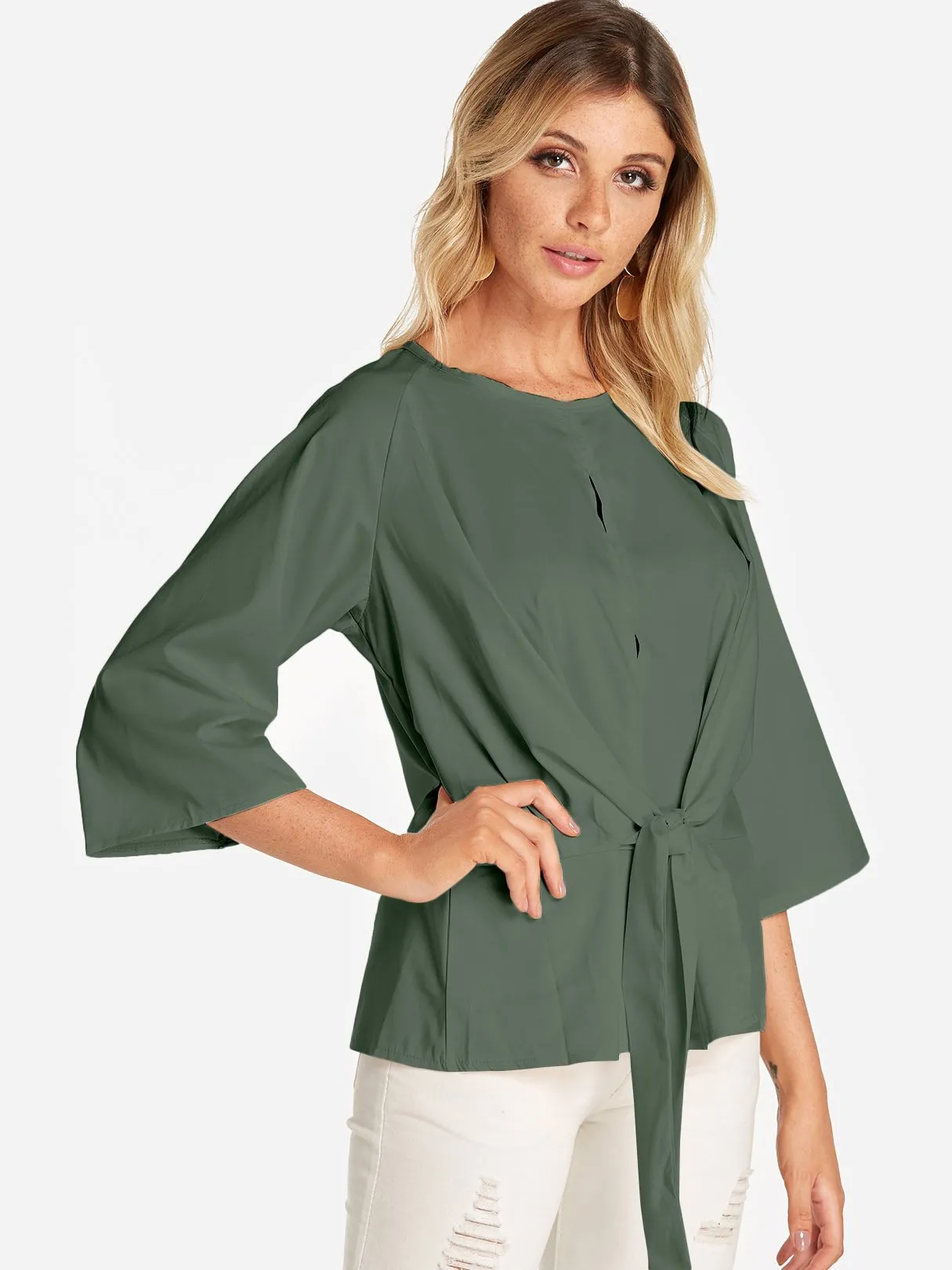 Custom Round Neck Plain Lace-Up 3/4 Sleeve Blouses