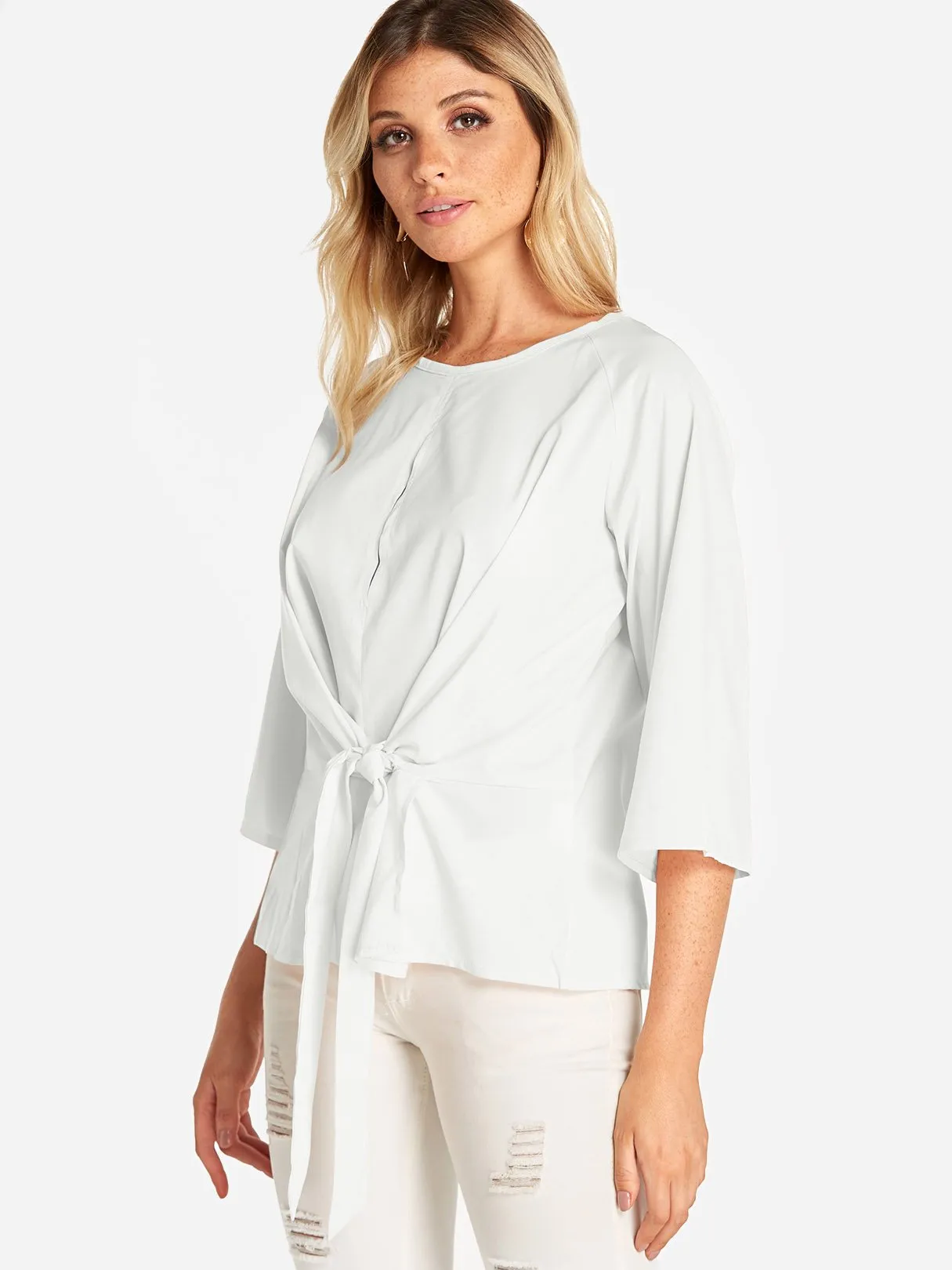 Custom Round Neck Plain Lace-Up 3/4 Sleeve Blouses