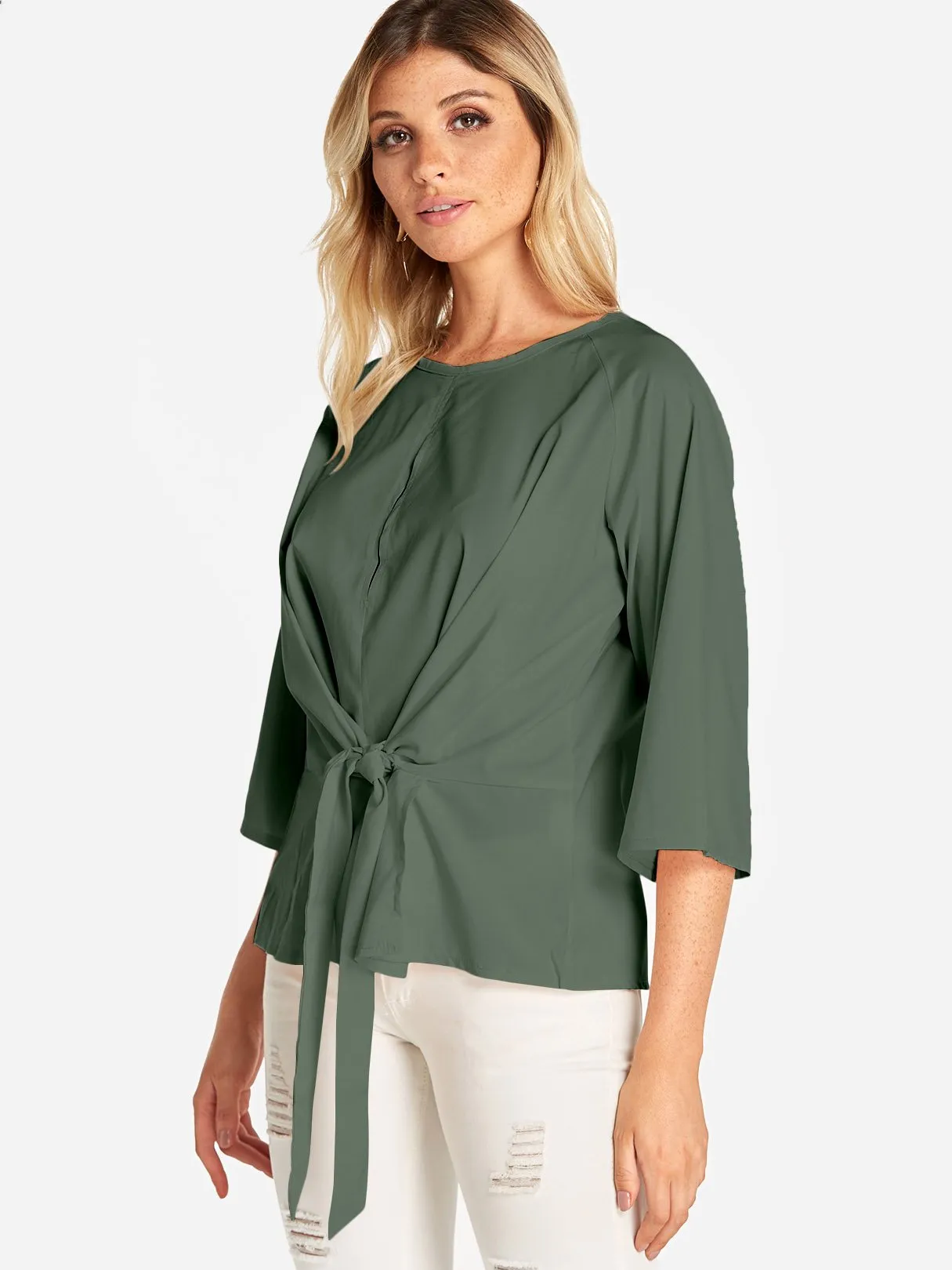 Custom Round Neck Plain Lace-Up 3/4 Sleeve Blouses