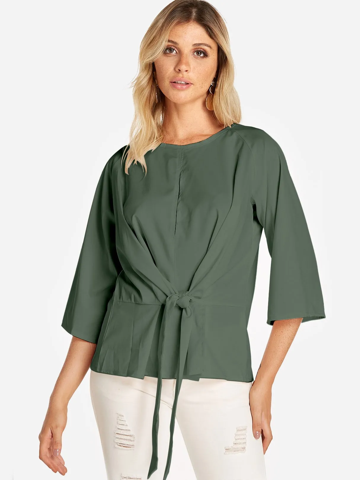 Custom Round Neck Plain Lace-Up 3/4 Sleeve Blouses