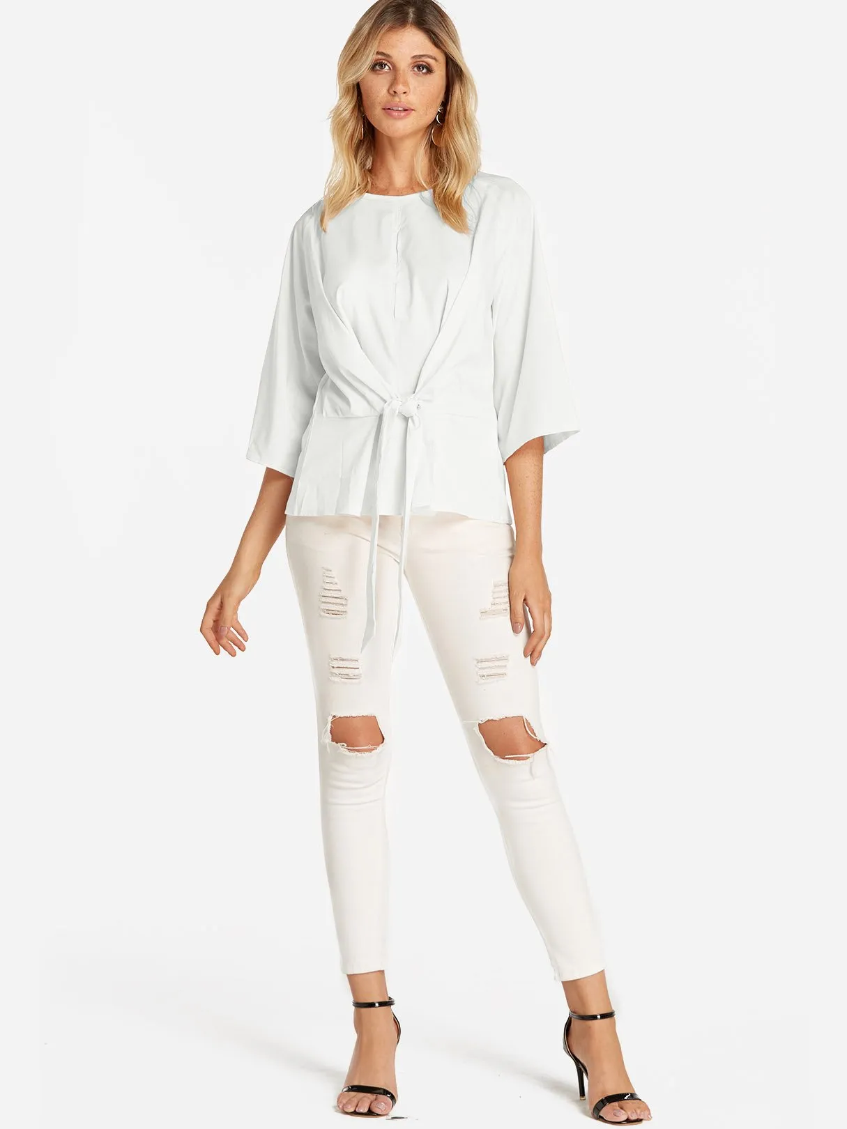 Custom Round Neck Plain Lace-Up 3/4 Sleeve Blouses