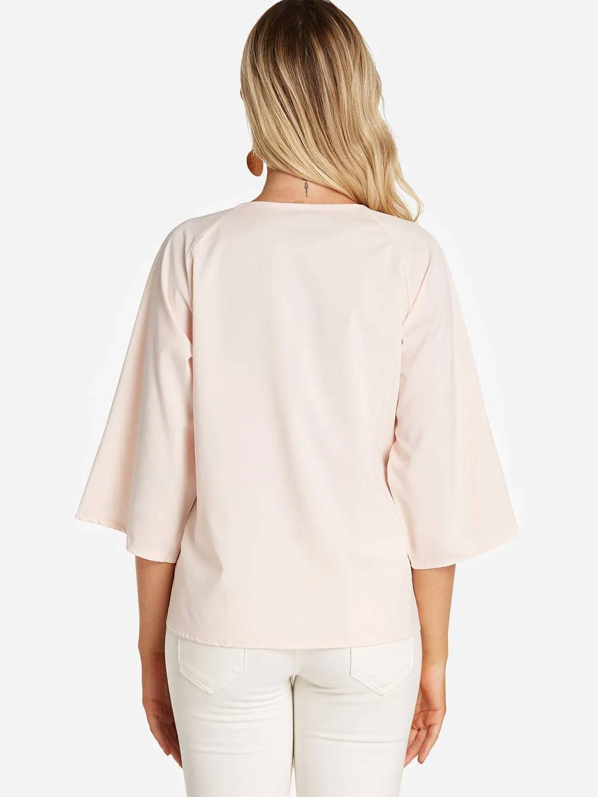 Custom Round Neck Plain Lace-Up 3/4 Sleeve Blouses