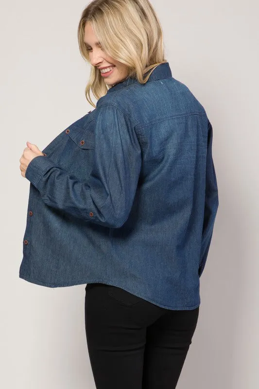 Dark Denim Chambray Button Down Top Denim Blouse Shirt
